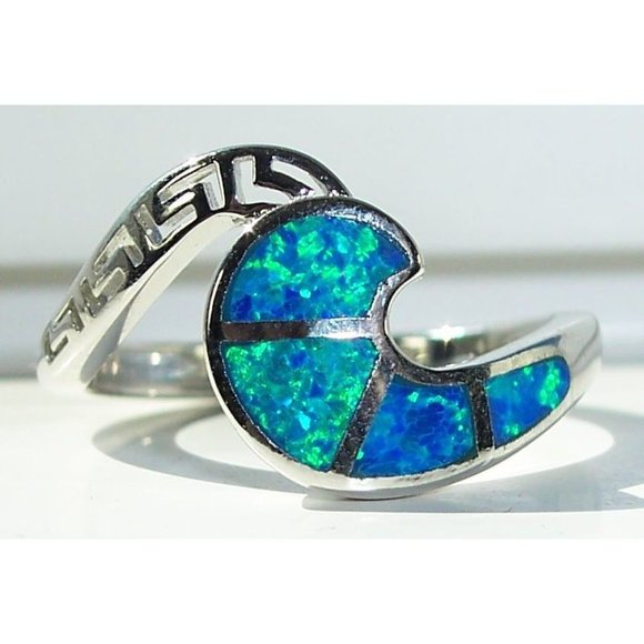 925 STERLING SILVER Lab Created Blue Fire Opal Greek Key & Wave Ring - Picture 1 of 16